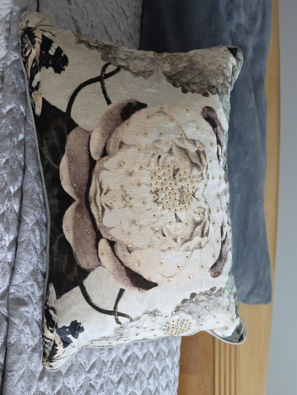 Neutral Floral Velvet Accent Pillow with Embellished Beads